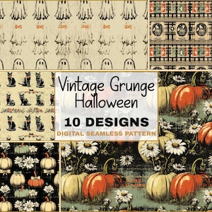 Vintage Grunge Halloween Seamless Mönster Bundle, Höst Digitalt Papper, Spöke Pumpa Katt Fladdermus Pläd Häxa Godis Majs PNG, Digital Nedladdning