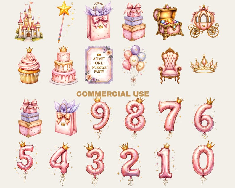 Princess Birthday Clipart Bundle With Balloon Numbers Digital Download ...