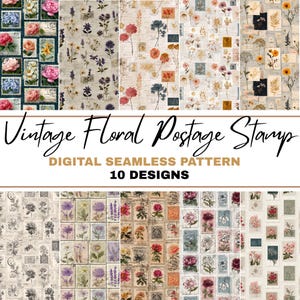 May include: A collection of ten digital seamless patterns featuring vintage floral postage stamp designs. The patterns showcase various floral arrangements in a collage style, with a mix of colors and textures. The text "Vintage Floral Postage Stamp" is displayed.