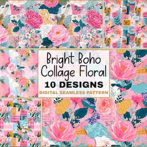 Heldere boho bloemencollage naadloze patroonbundel patchwork Cottagecore scrapbooking bloemen digitale download