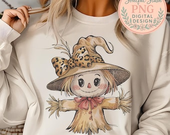 Cute Scarecrow PNG Sublimation Design, Kids Thanksgiving, Whimsical Leopard Print Digital Download, Harvest Gift Idea