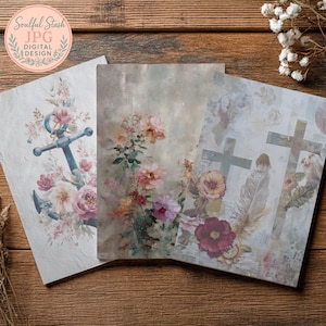 three different floral designs, including a floral anchor, a pink and white flower, and a red flower, all set against a wooden background.