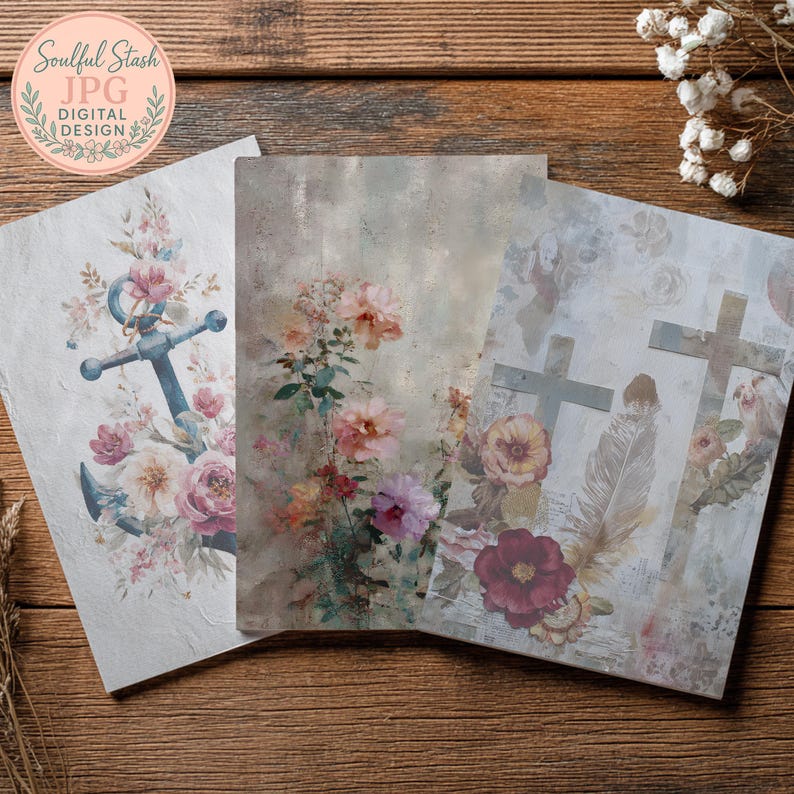 three different floral designs, including a floral anchor, a pink and white flower, and a red flower, all set against a wooden background.