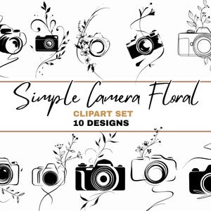 Puede incluir: Una colección de diez diseños de cámaras en blanco y negro con detalles florales. La frase "Simple Camera Floral" está escrita en cursiva sobre los diseños. También se incluyen las palabras "Clipart Set" y "10 Designs".