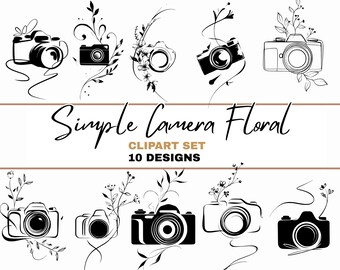 May include: A collection of ten black and white camera designs with floral accents. The phrase "Simple Camera Floral" is written in a cursive font above the designs. The words "Clipart Set" and "10 Designs" are also included.