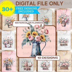 Watercolor Flowers PNG, Spring Sublimation Design, Wedding Invitation, Gift Idea, Rustic Shirt Graphic, Hello Spring Clipart, Digital image 1