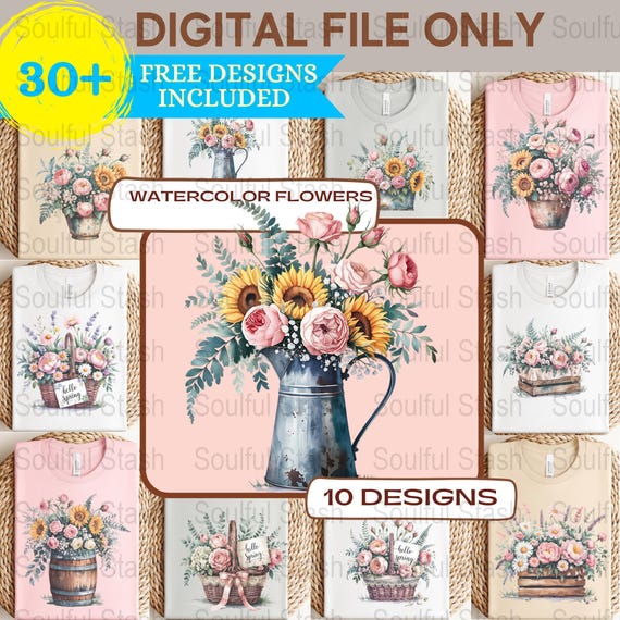 Watercolor Flowers PNG, Spring Sublimation Design, Wedding Invitation, Gift Idea, Rustic Shirt Graphic, Hello Spring Clipart, Digital