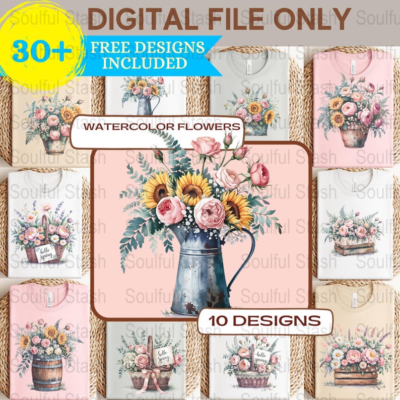 Watercolor Flowers PNG, Spring Sublimation Design, Wedding Invitation, Gift Idea, Rustic Shirt Graphic, Hello Spring Clipart, Digital image 1