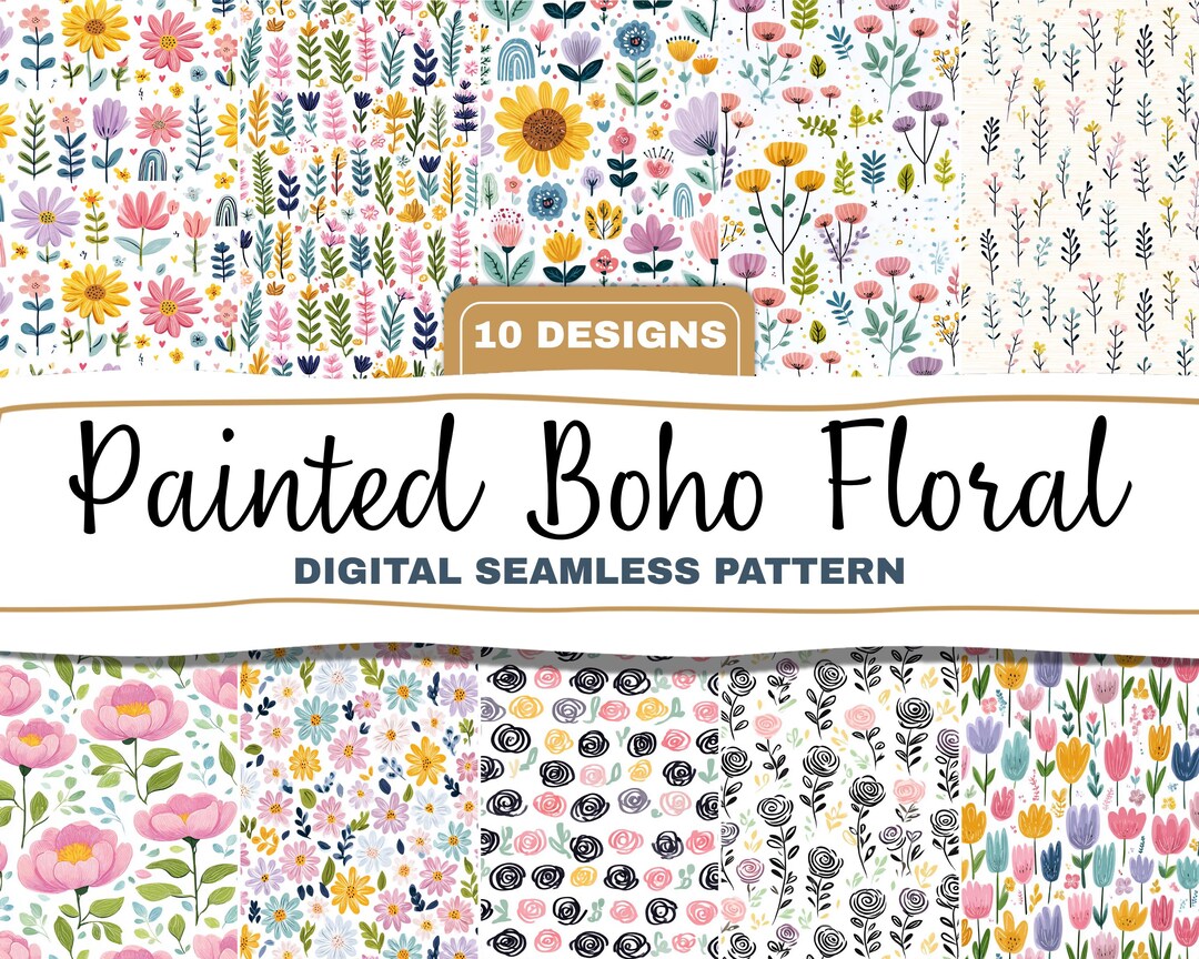 Painted Boho Floral Seamless Pattern Bundle Cottagecore Nursery Digital ...