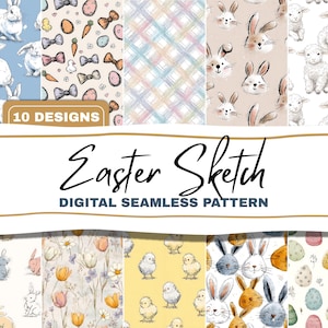 Peut inclure: Une collection de dix motifs numériques sans couture sur le thème de Pâques. Les motifs présentent des lapins, des agneaux, des œufs, des nœuds, des carottes et des poussins dans diverses couleurs pastel. Le texte "Easter Sketch DIGITAL SEAMLESS PATTERN" est affiché.