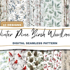 Puede incluir: Una colección de diez patrones digitales sin costuras con temas de bosques invernales. Los diseños incluyen abedules, ramas de pino, bayas rojas y piñas. El texto dice "Winter Pine Birch Woodlands" y "Digital Seamless Pattern".