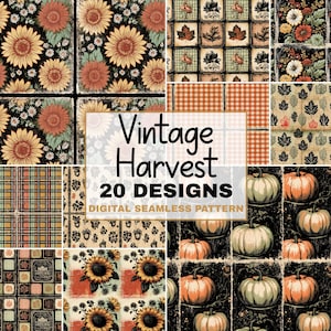 May include: A digital collection of 20 seamless patterns titled Vintage Harvest, featuring sunflowers, pumpkins, autumn leaves, plaid, and checkered designs in orange, black, green, and cream colours, presented in a grid layout.