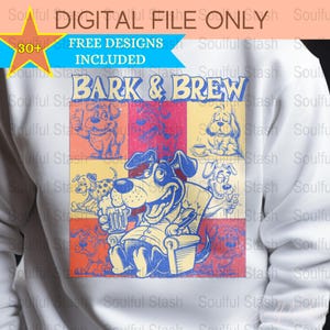 Bark and Brew PNG, Funny Cartoon Dog, Digital Download, Color Block Design, Beer Lover Father Gift, Cute Shirt Graphic, Comic Book, Pop Art