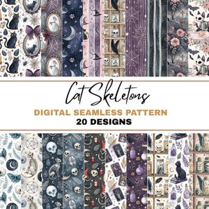 Gothic Black Cat Skeleton PNG Seamless Bundle , Pattern Print, Ghostly Halloween Cat, Cats Seamless Pattern, Dark Academia Clipart
