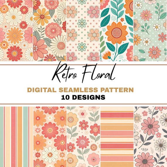 Retro Flowers PNG Seamless Bundle , Pattern Print, Floral Print, Groovy 70's Seamless, Flowered Seamless Pattern, Vintage Flower