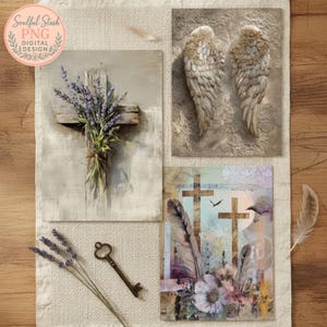 The image is a collage of three different artworks, including a cross, a pair of wings, and a key, all set against a beige background.