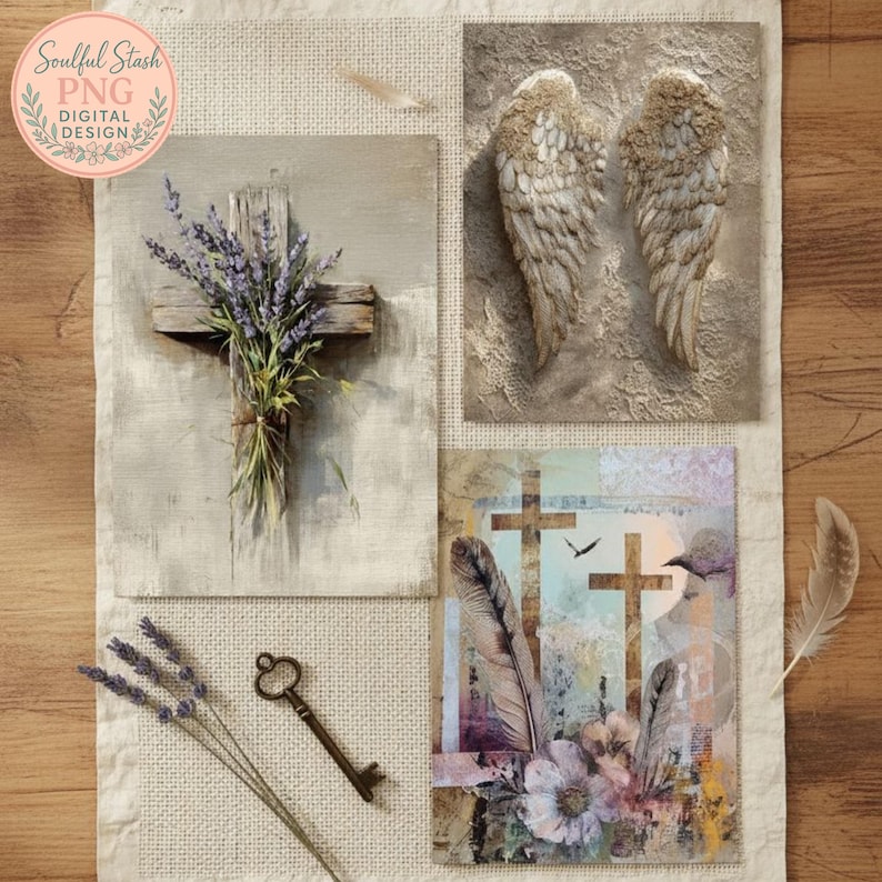 The image is a collage of three different artworks, including a cross, a pair of wings, and a key, all set against a beige background.