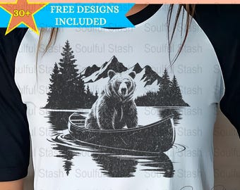 Wilderness Bear Canoe PNG, Camping Digital Download, Travel Sublimation Design, Hiking Gift Idea, Mountains Shirt Graphic