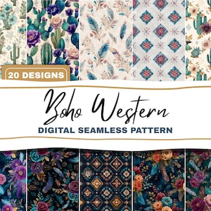 May include: A selection of 20 digital seamless patterns with a Boho Western theme. The patterns showcase floral, feather, and cactus designs in shades of teal, purple, and cream. The text "Boho Western DIGITAL SEAMLESS PATTERN" is visible.