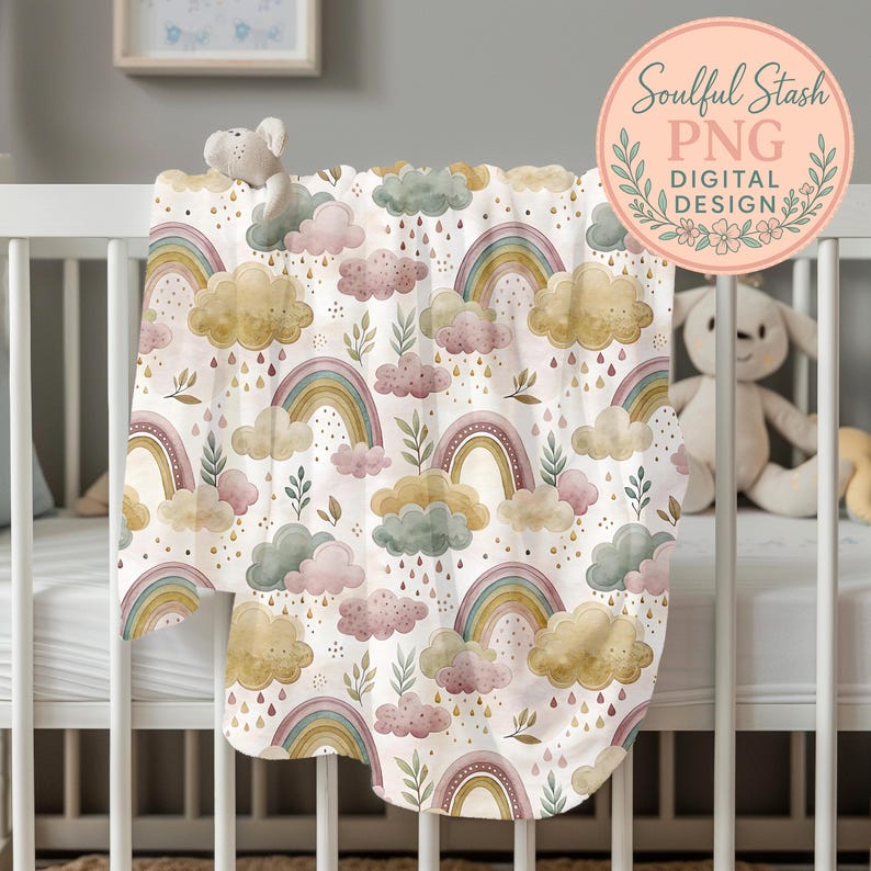 a baby crib with a blanket with a rainbow and clouds on it