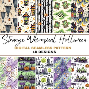 以下が含まれることがあります： ハロウィーンをテーマにした10種類のデジタルシームレスパターン。パターンには、お化け屋敷、カボチャ、コウモリ、時計など、さまざまな不気味な要素が使用されています。「Strange Whimsical Halloween」というテキストがパターンの上に表示されています。