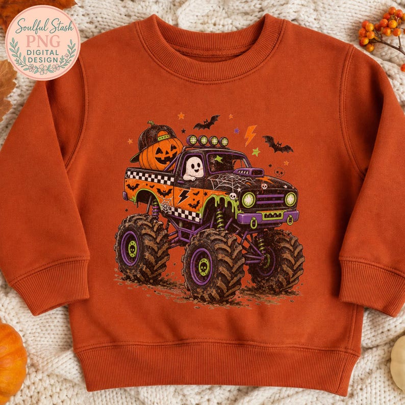 An orange sweatshirt with a Halloween-themed graphic of a monster truck with a jack-o-lantern passenger.
