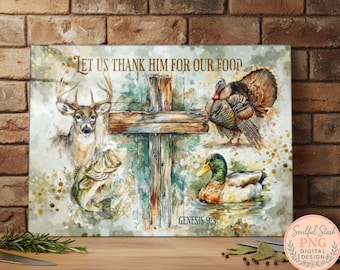 Watercolor wildlife cutting board design with rustic cross and Genesis 9:3 scripture in soft earthy tones, digital download