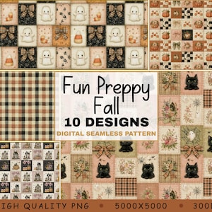 May include: A digital seamless pattern design with autumnal themes. The image shows patterns with ghosts, pumpkins, black cats, and plaid designs. Text on the image reads "Fun Preppy Fall, 10 Designs, Digital Seamless Pattern."