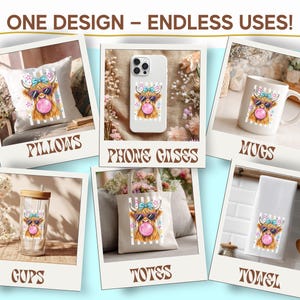 The image is a collage of six different images featuring a design with a bubble gum character, including a pillow, mug, phone case, tote bag, cups, and towels.