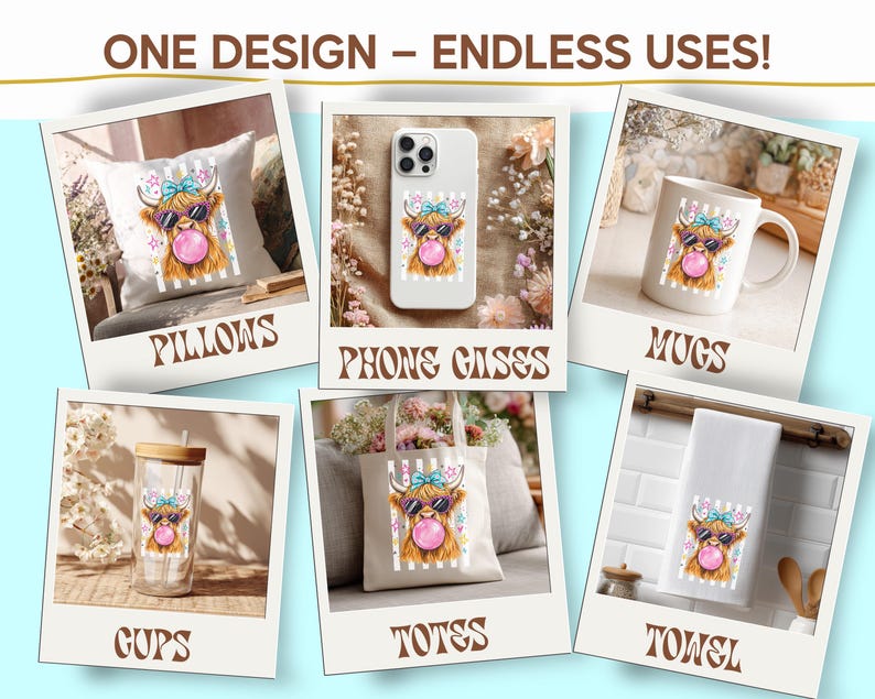 The image is a collage of six different images featuring a design with a bubble gum character, including a pillow, mug, phone case, tote bag, cups, and towels.