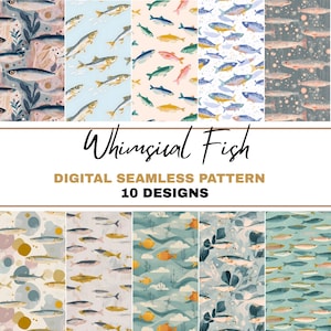 Puede incluir: Diez patrones digitales sin costuras con diseños caprichosos de peces. Los patrones presentan ilustraciones de peces en varios colores, sobre diferentes fondos. Se muestra el texto "Whimsical Fish" y "Digital Seamless Pattern 10 Designs".
