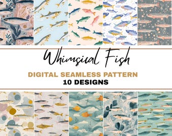 Whimsical Fish PNG Seamless Bundle , Pattern Print, Trendy Foody, Fish Seamless, Sea Life Pattern,Pastel Ocean Design, Vintage Mid-Century