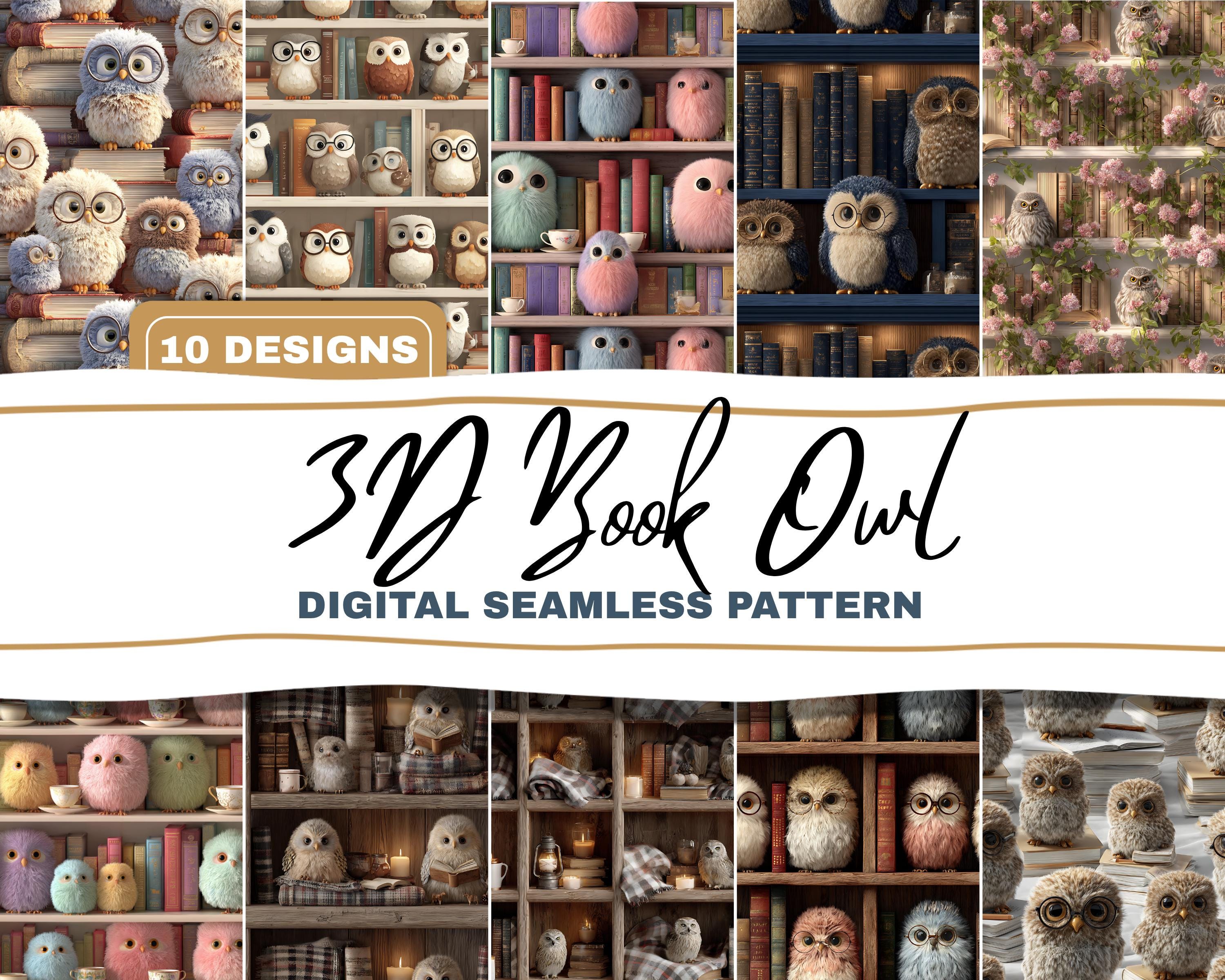 Cozy 3D Owl and Books Seamless Pattern Bundle | Cute Fluffy Owls on Bookshelves with Glasses | Whims