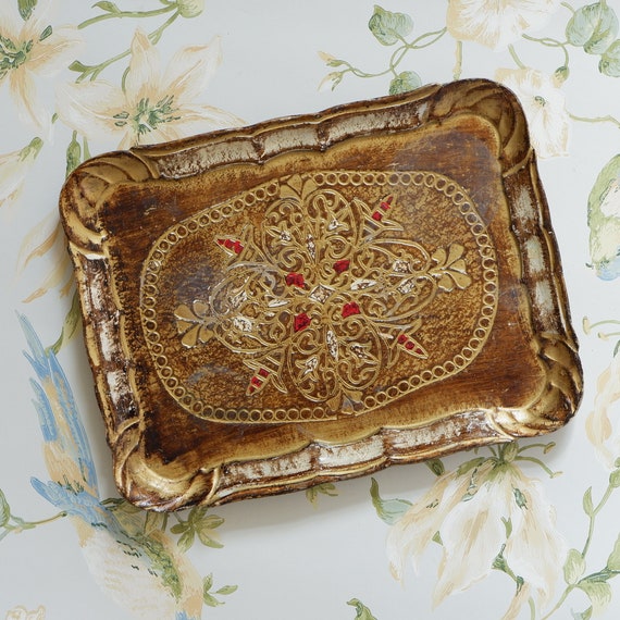 Vintage Gold Red And Yellow Floine Tray Serving Carved Gift Decorative Table Centrepiece Platter Vintage Gold Red And Yellow Floine, Ornate Coffee Table Tray