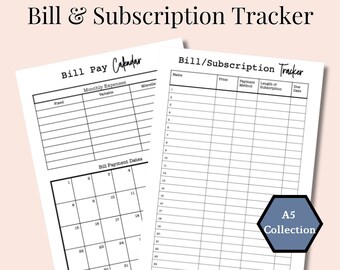 May include: Two printable A5 sized budget tracker sheets. The first sheet is a bill pay calendar with a section for fixed and variable monthly expenses and a calendar grid for bill payment dates. The second sheet is a bill and subscription tracker with columns for name, price, payment method, length of subscription, and due date.