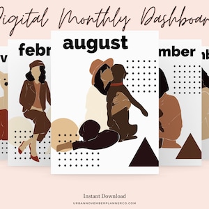 Puede incluir: Conjunto de cinco plantillas imprimibles digitales de tablero de control mensual con ilustraciones abstractas de personas con mascotas. Los meses que se muestran son noviembre, febrero, agosto, septiembre y octubre. Las ilustraciones son de estilo minimalista con colores marrón, negro y blanco.