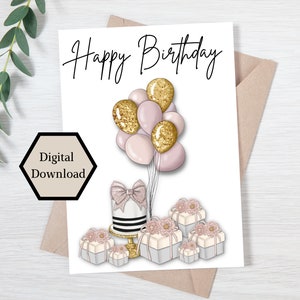 Printable Birthday Card, Birthday Cards for Her, Birthday Cake and Balloons Card