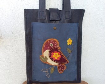 Woman Original Leather Shoulder Bag,handcrafted original colorful bird detailed leather bag, blue leather gift to mothers,gift mom