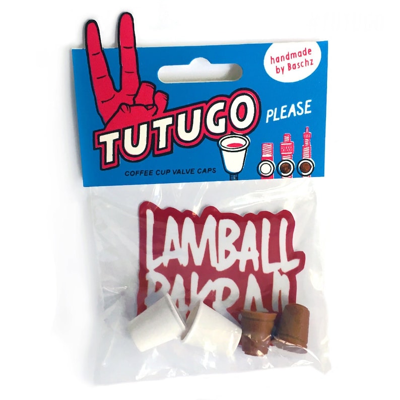 May include: A package of four coffee cup valve caps, two white and two brown. The package has a red and white sticker with the text "Lamball Bakran" and a blue header with the text "TutugO Coffee Cup Valve Caps" and "Handmade by Baschz Please".