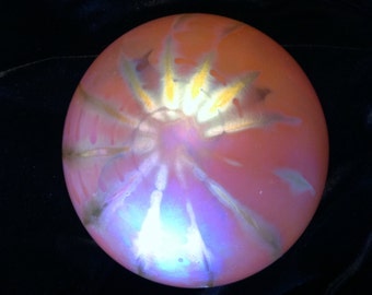 Hand Blown Iridescent Pink Swirl Art Glass Paper Weight