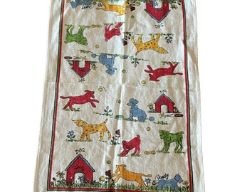 Serviette de cuisine en lin vintage signée chiot, imprimé chiens floral extérieur 15 x 23