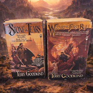 May include: Two fantasy novels, "Stone of Tears" and "Wizard's First Rule," are displayed. The covers feature illustrations of characters and a dragon, with text including the author's name, Terry Goodkind. The background shows a scenic landscape.