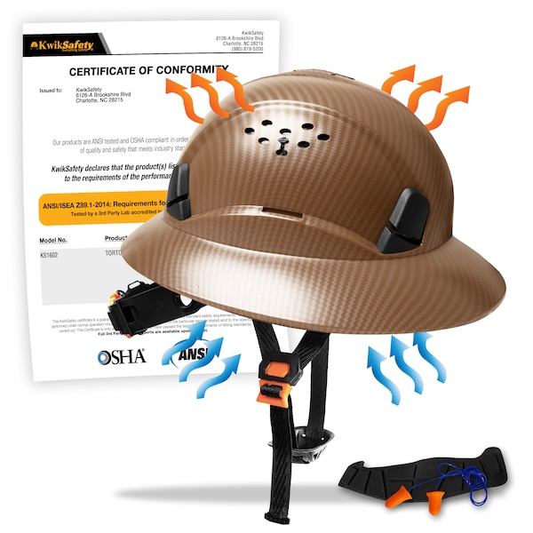 KwikSafety BROWN CARBON Hard Hat (16 Cooling Vents) Type 1 Class C Ansi Tested Osha Compliant Full Brim Style PPE