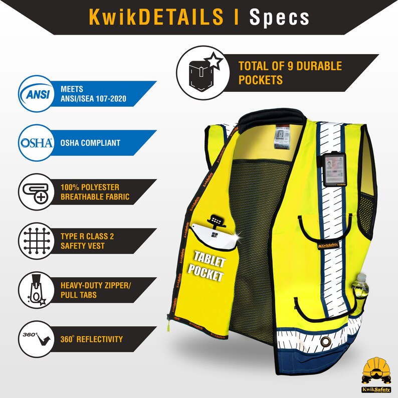 KwikSafety GODFATHER Safety Vest | Class 2 ANSI/OSHA, 9 Pockets, Cushioned Collar, Tablet Pocket - View #11
