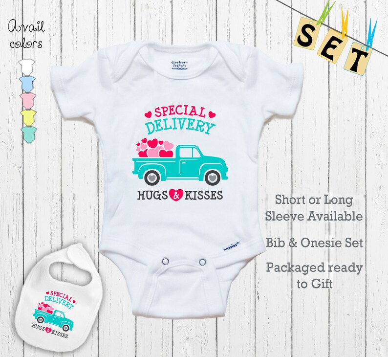 Special Delivery Great Shower Gift outfit Baby Hugs and Kisses Novelty Cute Delivery Truck Shirt Newborn Baby Bodysuit Onesie/& Bib Set