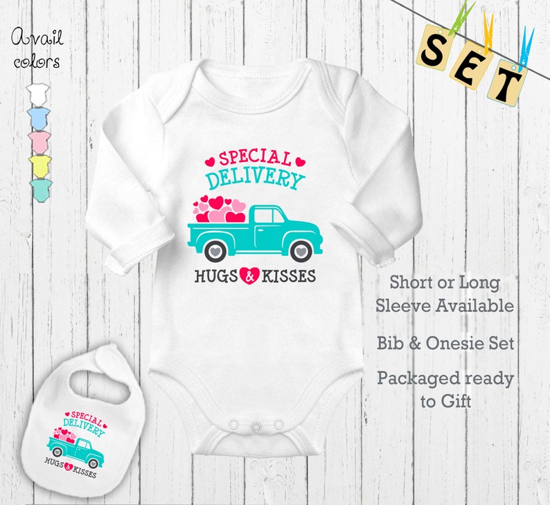 Special Delivery Great Shower Gift outfit Baby Hugs and Kisses Novelty Cute Delivery Truck Shirt Newborn Baby Bodysuit Onesie/& Bib Set