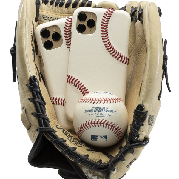 Coque iPhone baseball en cuir / Coutures rouges surélevées à la main / Cadeau pour joueur de baseball / Cuir véritable de baseball professionnel