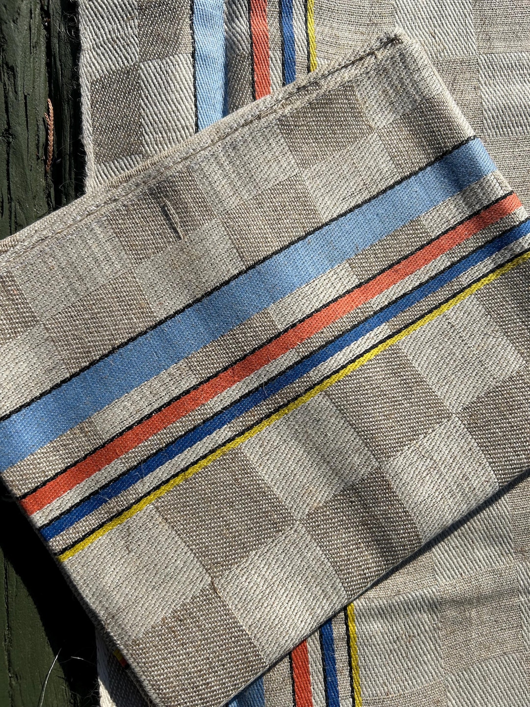 2 X Antique French Linen Tea Towels: Basque Stripe Design, New Old ...