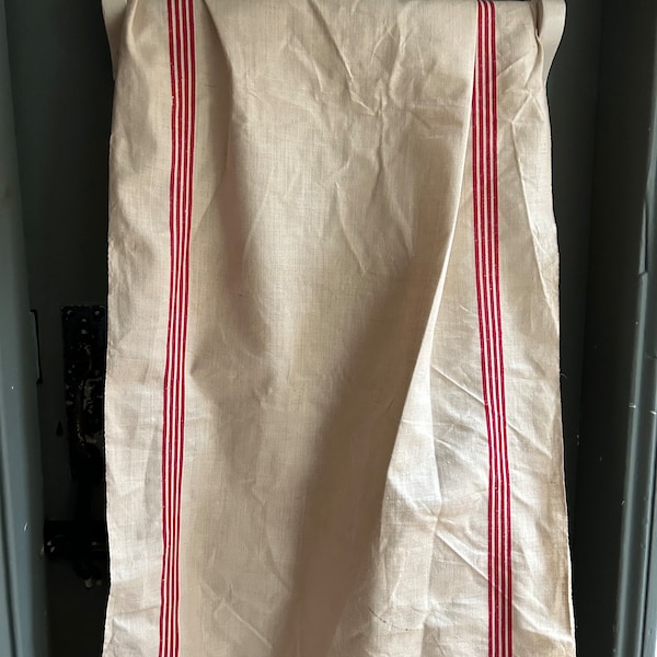 Stunning Antique French C19th toile a torchon Red/ offwhite  narrow stripe panel  deadstock condition unused 24” wide yardage