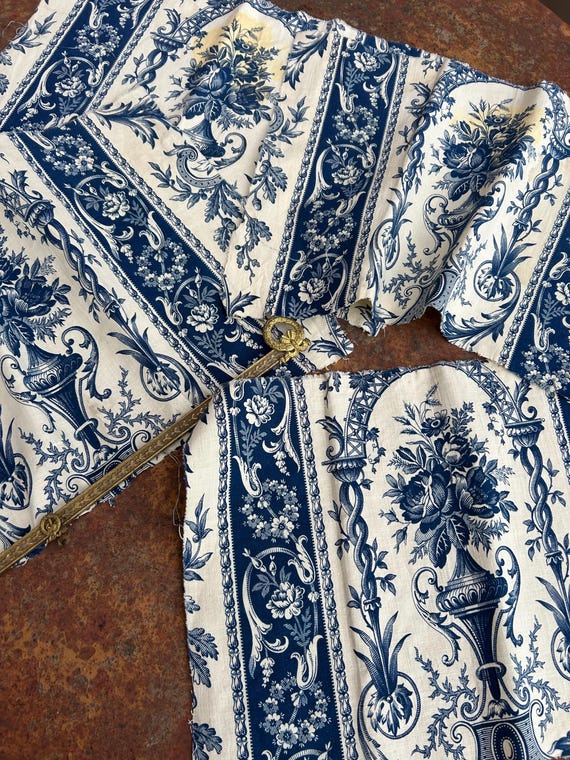 Antique French Toile De Jouy Fabric Panels: Blue Floral Cotton